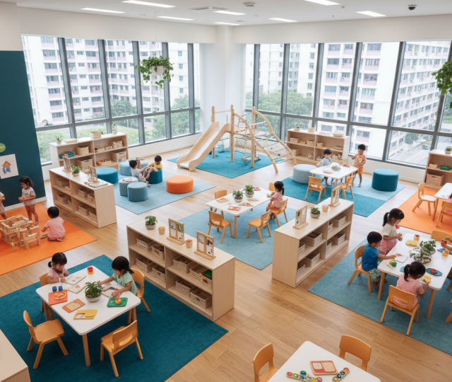 Modern Singapore preschool with diverse children playing, colorful stations, natural light, vibrant decor.