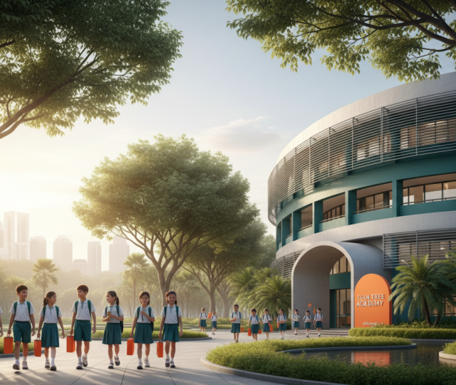 Modern Singapore primary school exterior with diverse children in uniforms, lush gardens, and sunlit architecture.