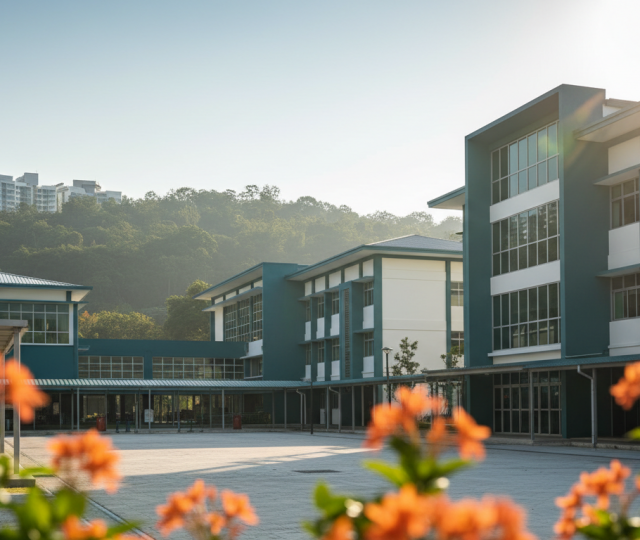 Modern Singapore school with teal and white facade, orange flowers, morning light, lush backdrop.