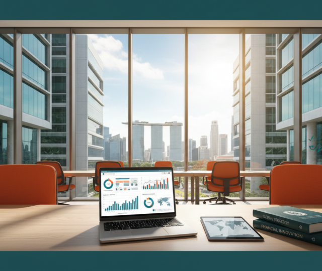 Modern Singapore university campus with glass facades, open laptop, and tropical skyline.