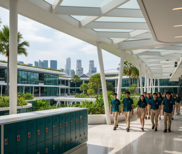 Modern tropical school in Singapore with diverse students, glass facades, and lush greenery.