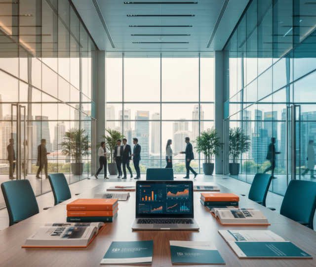 Modern university campus with glass windows, MBA materials, diverse professionals, Singapore skyline.