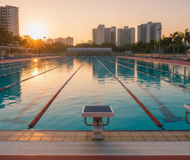 Olympic-size pool at dawn in Singapore, empty lanes, sunrise reflections, HDB in background