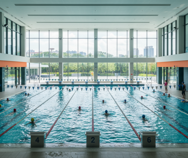 Olympic-size pool in Singapore with children practicing, city skyline visible, modern facility.