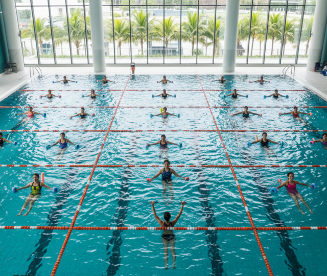 Overhead view of swimmers doing water aerobics in a modern Singapore indoor pool with natural light.