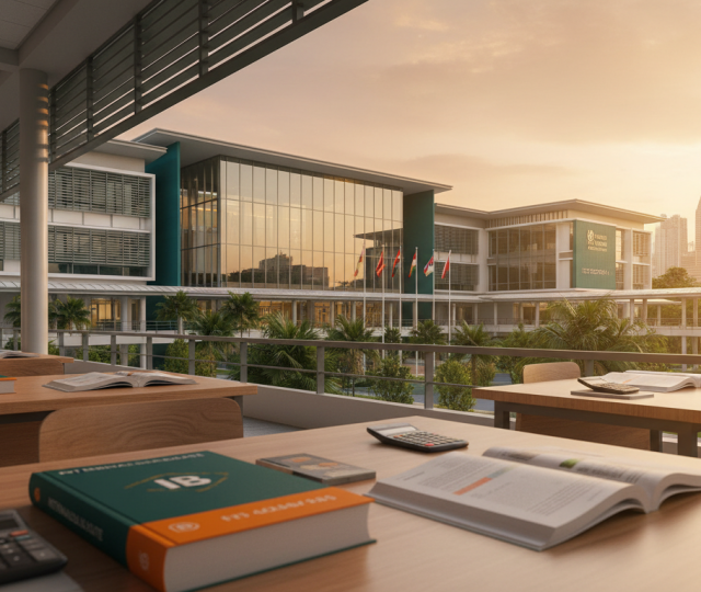 Prestigious Singapore boarding school, modern architecture, lush greenery, study desks, sunset.
