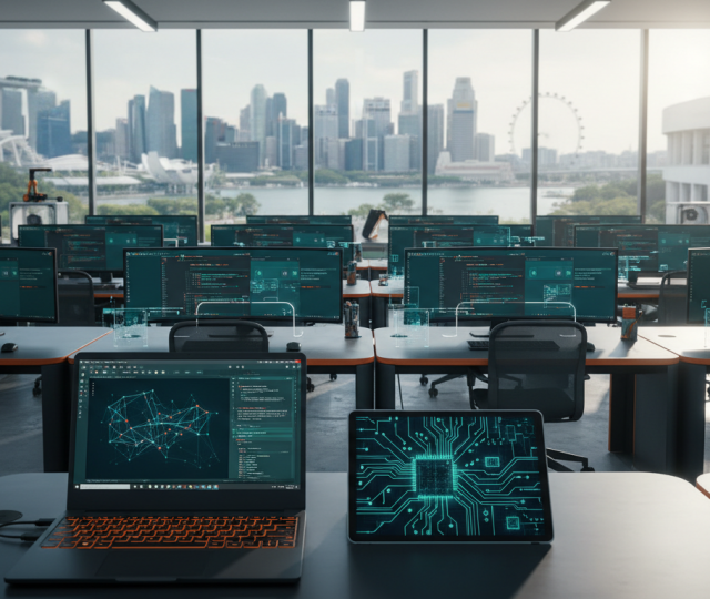Singapore lab with computers, Marina Bay view, coding screens, warm daylight.