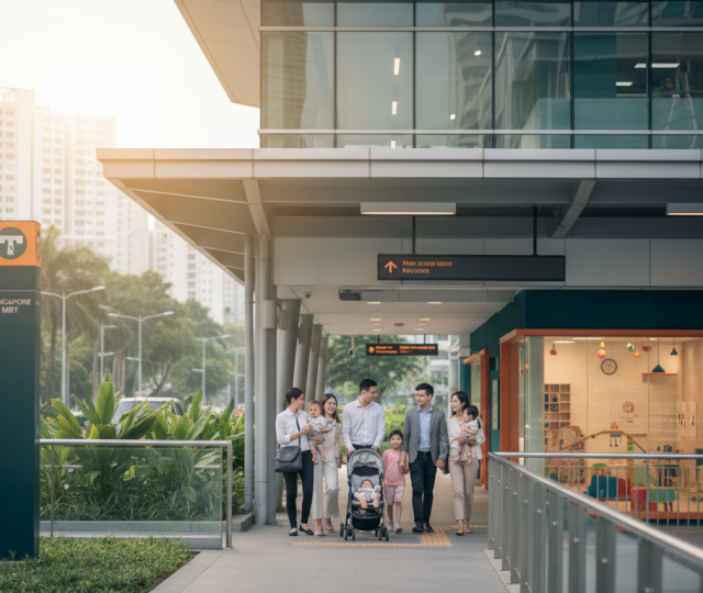 Singapore MRT entrance with parents, toddlers, and infant care center in morning light.