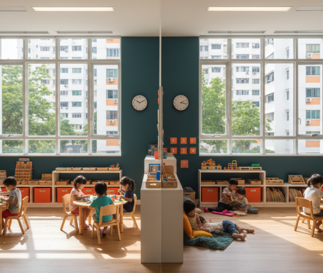 Singapore preschool classroom, morning sunlit learning vs. afternoon rest, modern design.