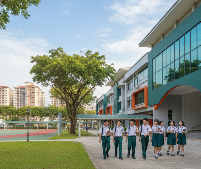 Singapore secondary school with teal-orange accents, diverse students in uniforms, sunny day, Sengkang backdrop.