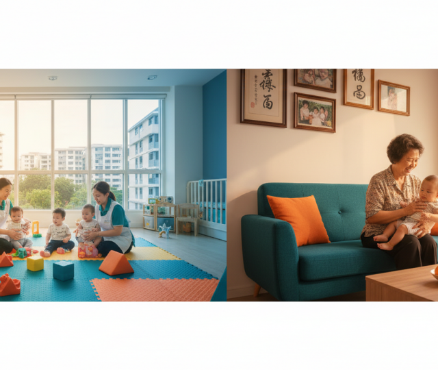Split-screen: modern infant care center and cozy Singapore home with grandmother and baby.