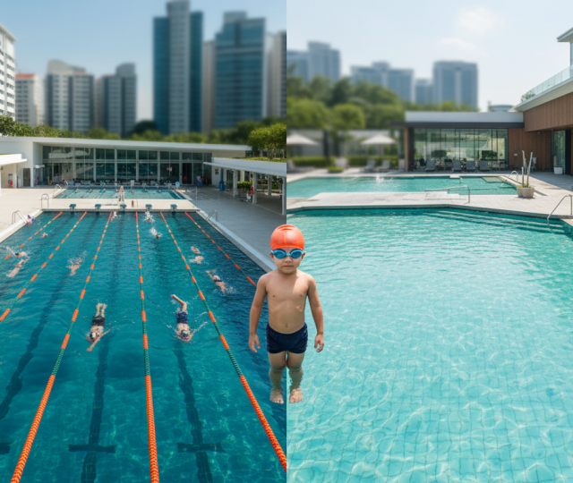 Split-screen of public and private pools, child in goggles centered, Singapore skyline.