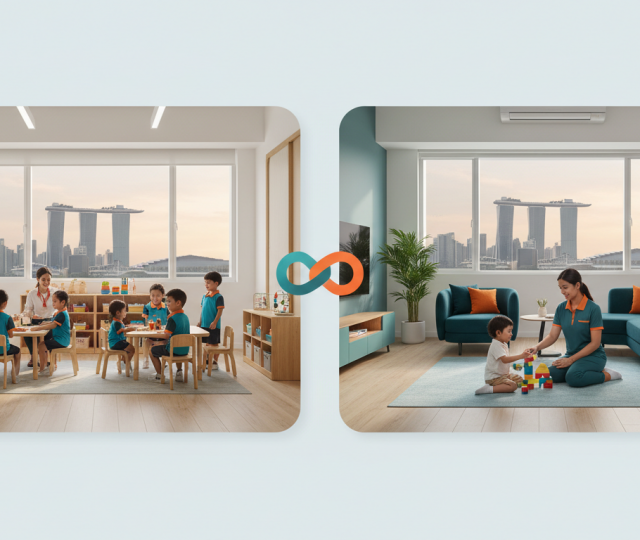 Split-screen of Singapore childcare center and home helper with child, Marina Bay skyline visible.