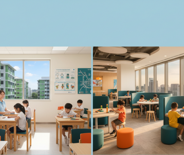 Split-screen of Singapore student care: school setting vs. modern center, diverse children engaged.