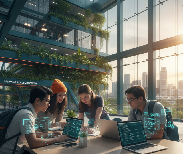 Students collaborate on laptops in modern Singapore campus with a tech and garden city vibe.