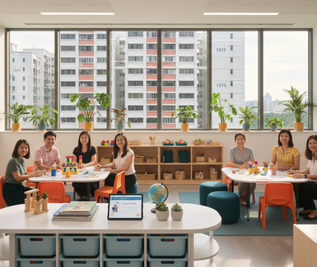 Sunlit Singaporean preschool with diverse educators, colorful materials, and modern decor.