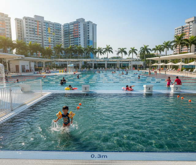 Sunny Singapore pool with families, kids in colorful floaties, HDB blocks, palms, inviting water.