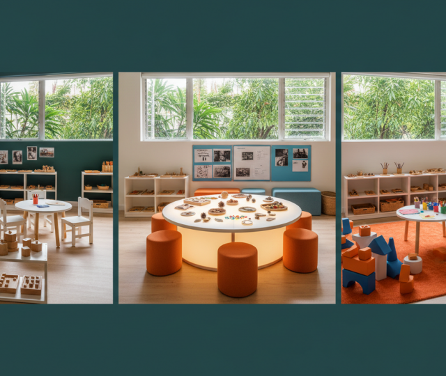 Three preschool learning zones: Montessori, Reggio Emilia, play-based, in a bright, modern classroom.
