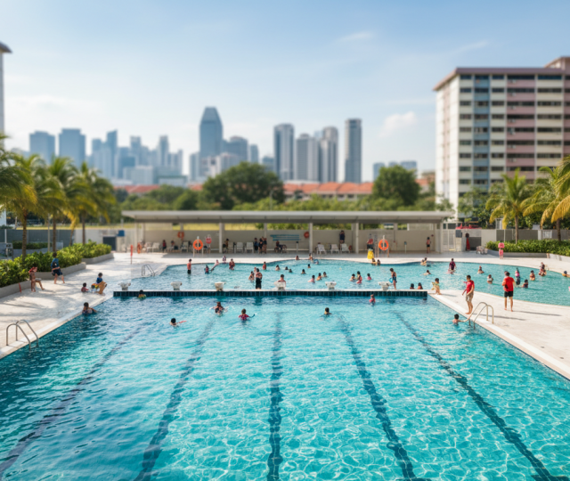 Wide-angle view of a modern Singapore pool with turquoise water, families, HDB blocks, and greenery.