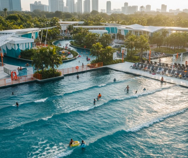 Aerial view of a tropical wave pool and lazy river in Singapore, families enjoying water, lush palm trees, modern architecture, vibrant atmosphere.
