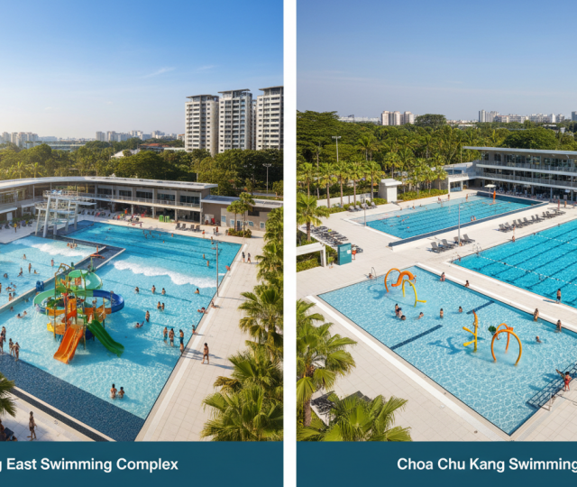 Aerial view of Jurong East and Choa Chu Kang Swimming Complexes in Singapore, vibrant pools, families enjoying activities, surrounded by lush greenery and HDB apartments.