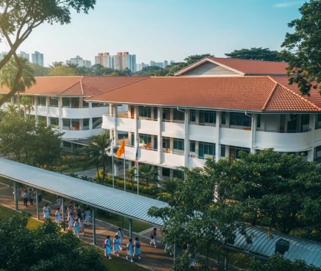 Aerial view of Singapore primary school with red-tiled roof, students in white uniforms, tropical greenery.