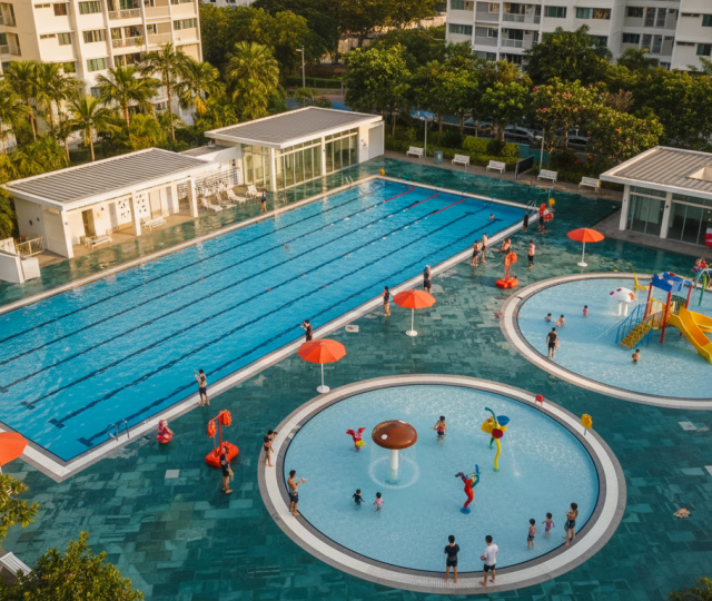 Aerial view of Singapore swimming complex with Olympic pool, kids area, families, and lush greenery.