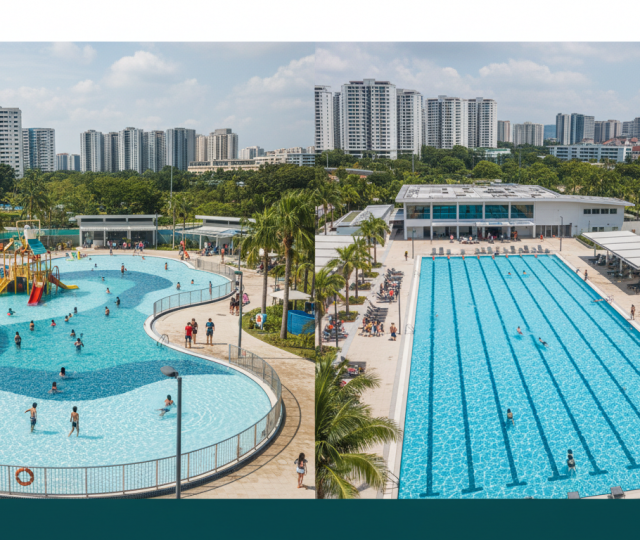 Aerial view of two Singapore public pools; one with wavy design, the other with lap lanes, set in a tropical urban environment.
