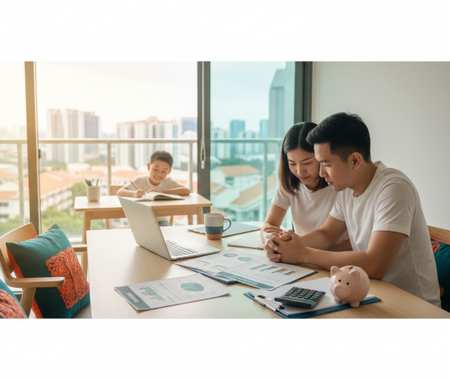 Asian parents review insurance documents at a dining table, child studying in the background, HDB view.