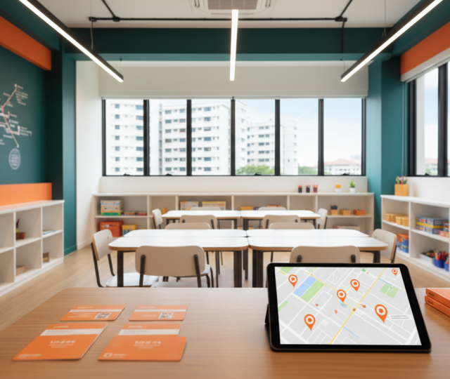 Bright classroom with orange walls, teal accents, child-friendly displays, and Singapore views.