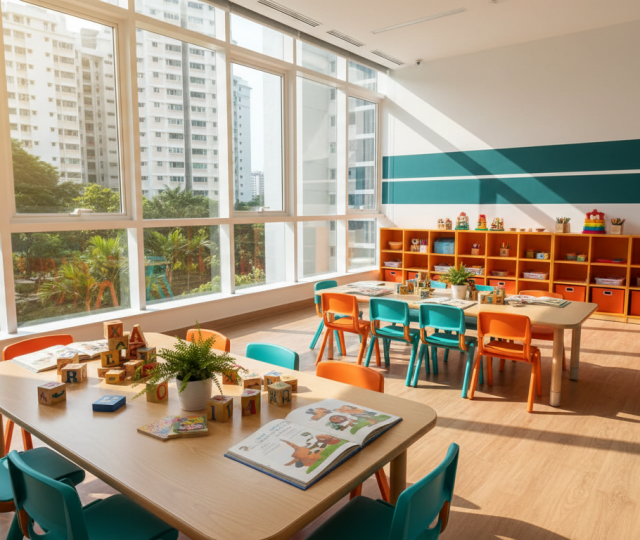 Bright Singapore preschool with colorful furniture, tropical views, and educational materials.