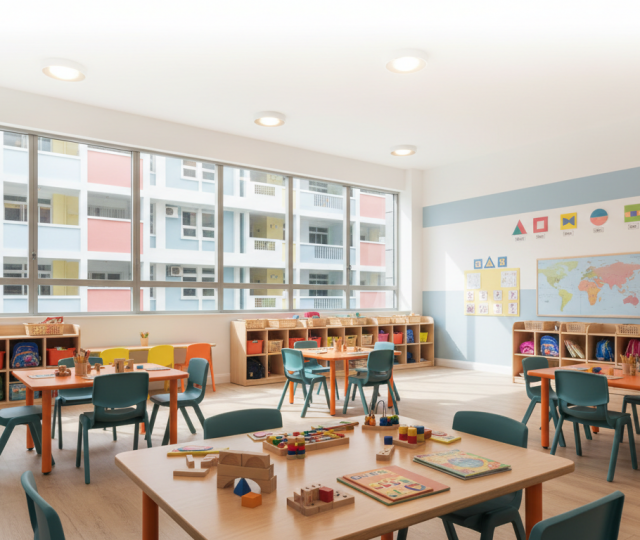 Bright Singaporean preschool classroom with colorful learning stations, activity table, and city view.