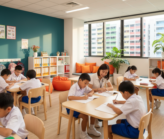 Bright student care center with children doing homework, teacher guiding, Singapore skyline visible.