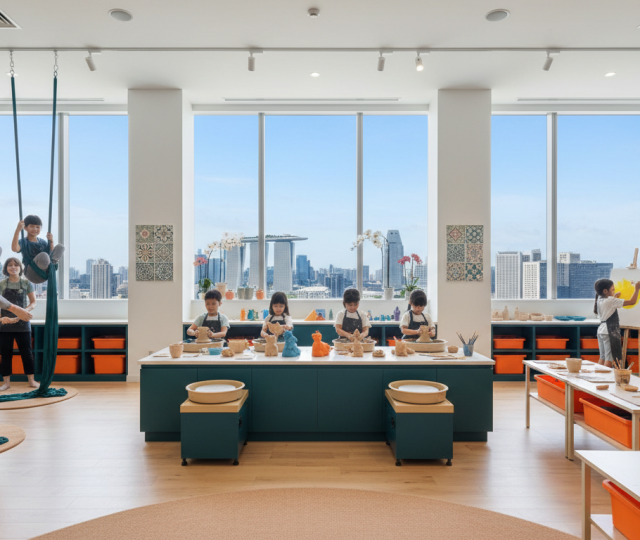 Children engage in aerial silk, pottery, and painting in a vibrant Singapore art center.