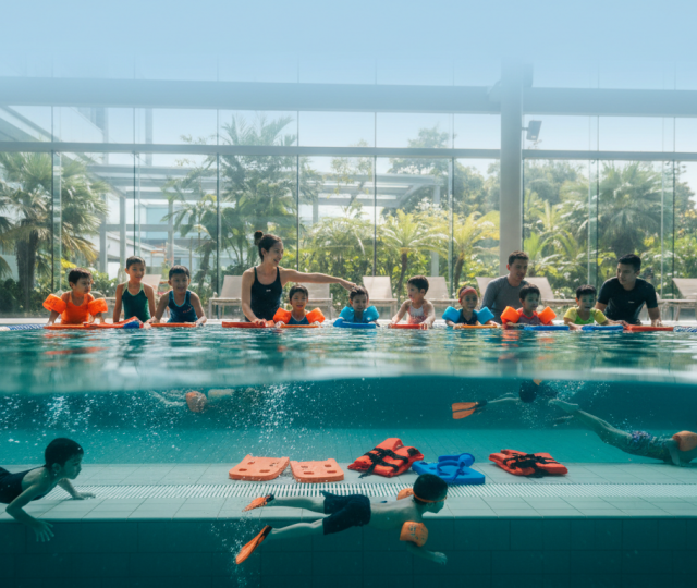Children in colorful swimwear practice swimming in a modern Singapore pool, guided by an instructor.