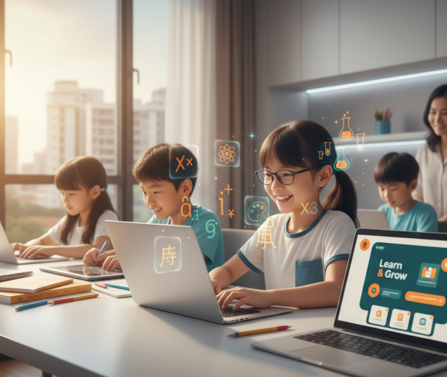 Children in modern Singaporean home study, engaged with tablets, warm light, cityscape view.