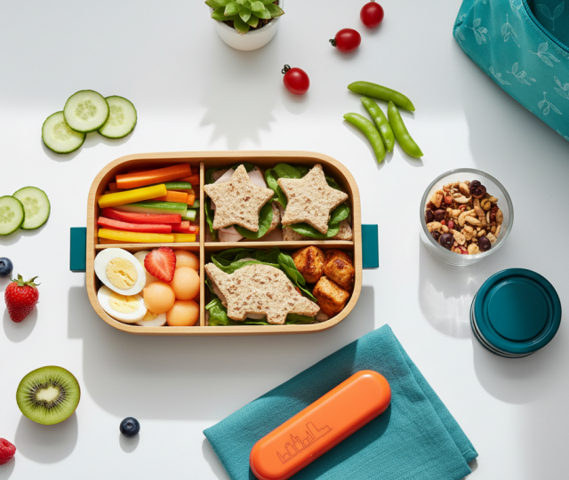 Colorful bento box with veggie sticks, fruit, shaped sandwiches, and teal lunch bag.