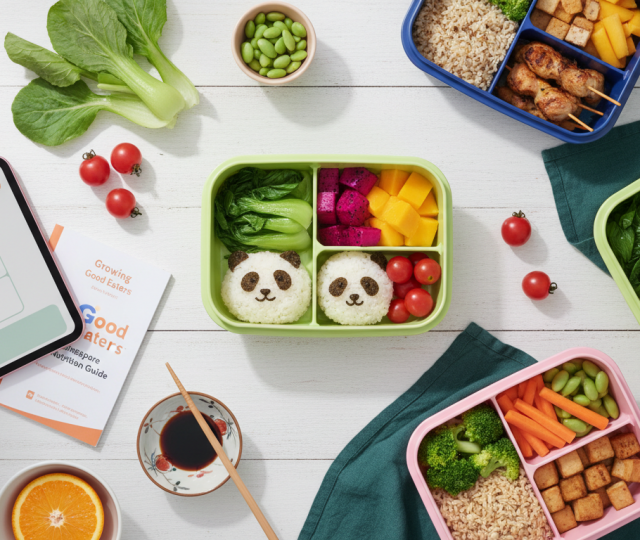 Colorful preschool meal planning with bento lunch boxes, fresh ingredients, and a tablet.