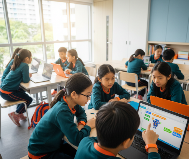 Diverse children aged 6-12 collaborate on laptops in a bright Singapore classroom, coding games.