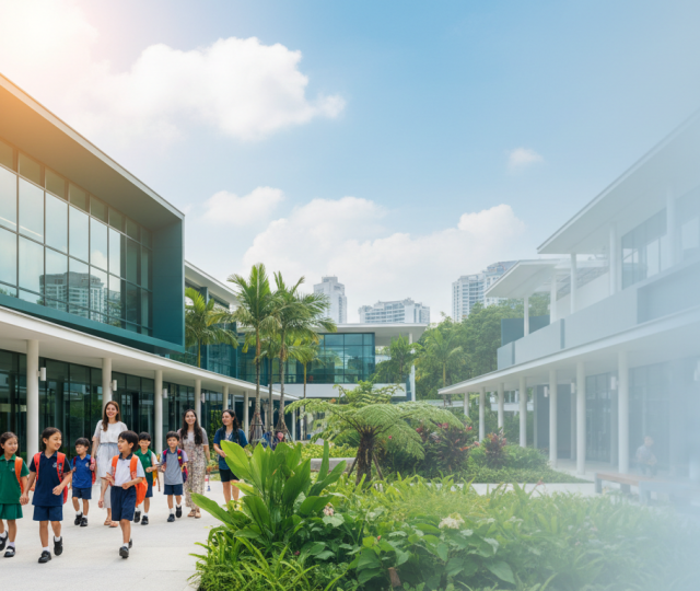 Diverse children and parents at modern Singapore school with glass facades, greenery, and skyline.