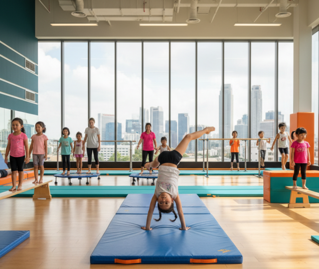 Diverse children practicing gymnastics in bright facility with Singapore skyline view.