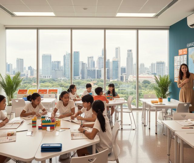 Diverse students and teacher in a modern Singapore classroom with skyline view.