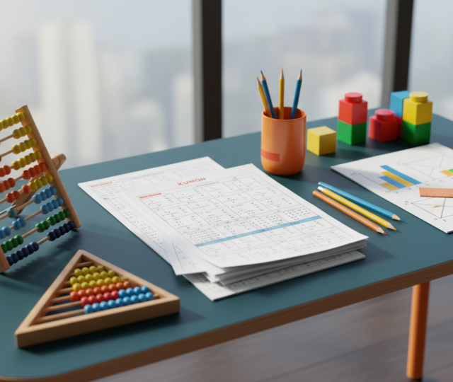 Educational blog banner with abacus, math worksheets, and learning blocks on a teal desk.