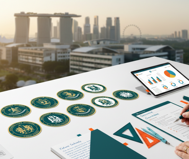 Elegant school badges, notebook, tablet with charts, and pen on white surface; Singapore skyline backdrop.