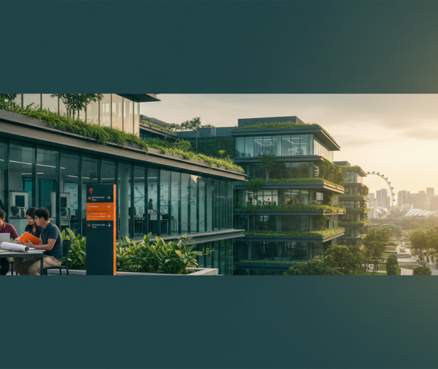 Engineering students collaborate outdoors at modern Singapore campus with skyline backdrop.
