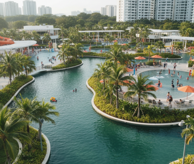Family-friendly swimming complex in Singapore with lazy river, wave pools, tropical plants, and modern buildings.