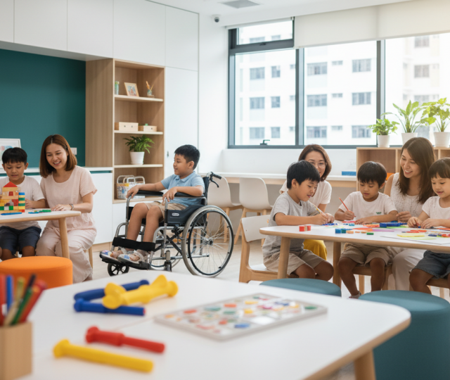 Inclusive Singapore classroom with diverse children and educators in bright, modern setting.