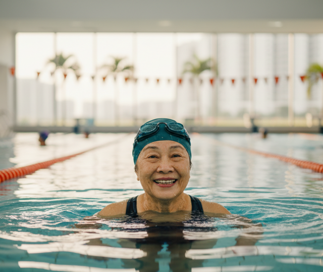 Joyful Asian senior woman in swim cap, smiling in turquoise pool, Singapore facility.