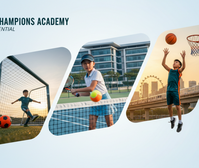 Kids playing soccer, tennis, basketball; Marina Bay skyline in background; vibrant, energetic scene.