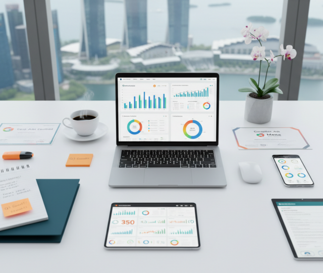 MacBook with marketing dashboards, notebooks, tablet, phone, coffee, Marina Bay view, orchid, teal folders.